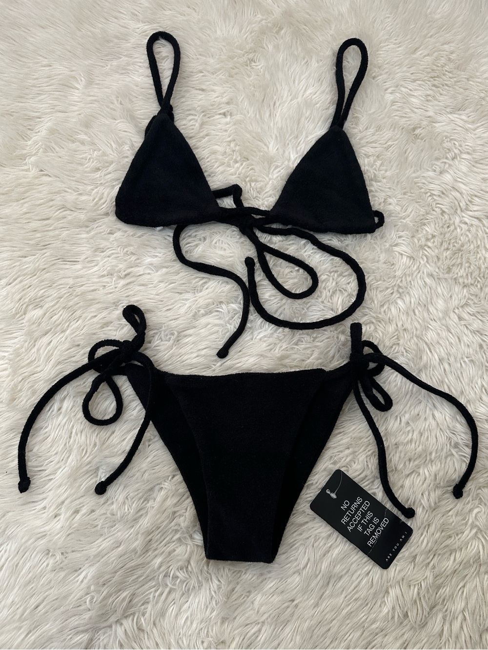 ARE YOU AM I Black Terry Triangle Tie Bikini Set